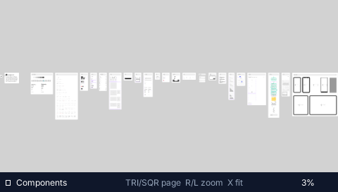 Pocket Figma on PSP showing the whole Components page fit to screen at 3% zoom: a long row of wireframe artboards crossing the canvas, with the HUD reading Components and 3%
