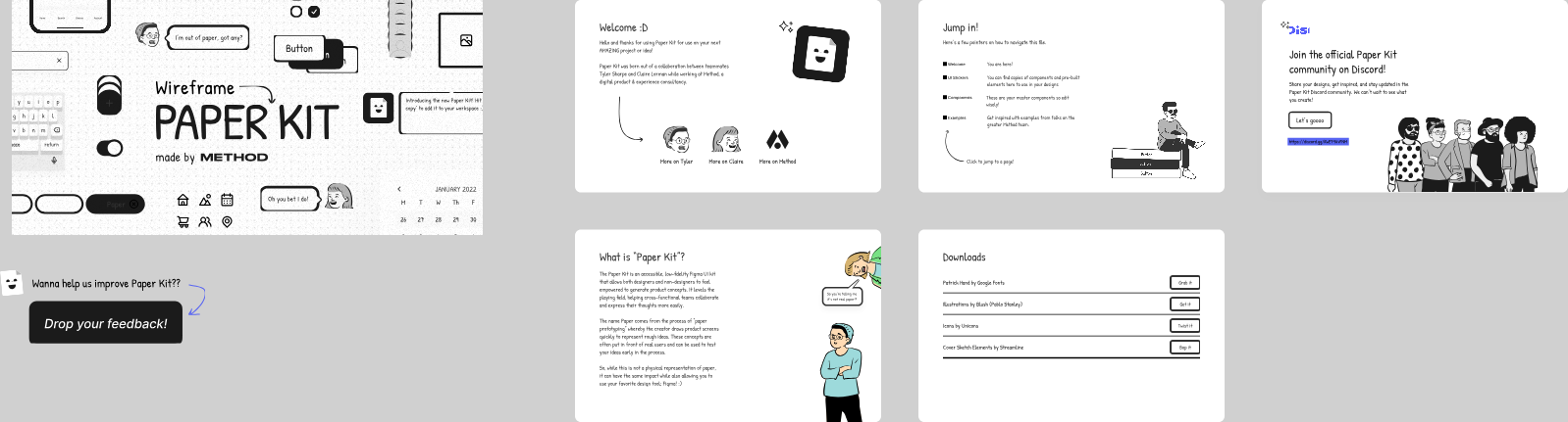 The Paper Kit Welcome page rendered by tools/fig.ts: the Wireframe PAPER KIT cover with dozens of wireframe components, and six white document cards with illustrations, text and forms