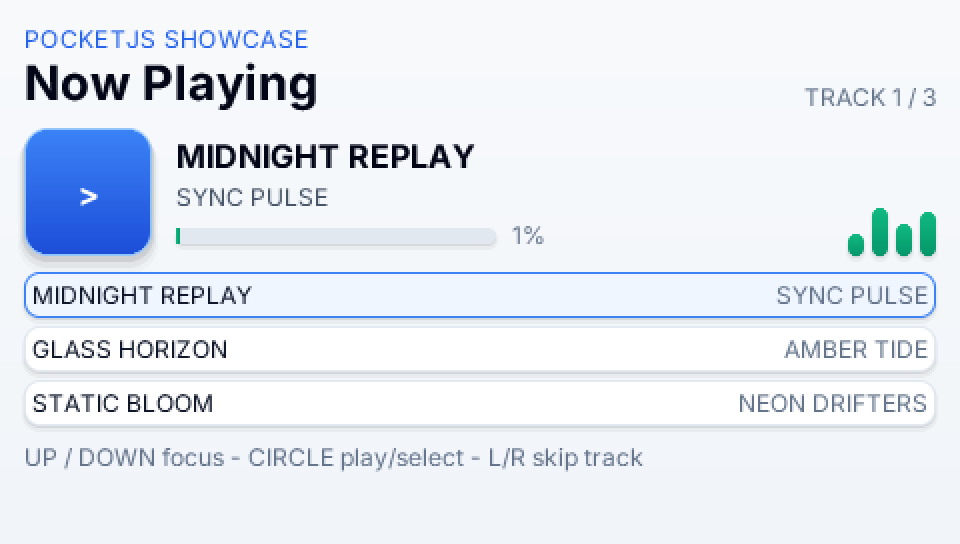 The music demo running through Octane on a PSP: a Now Playing screen for MIDNIGHT REPLAY by SYNC PULSE with a progress bar at one percent, a three-track playlist, a four-bar equalizer in the corner, and controller hints for focus, play and skip