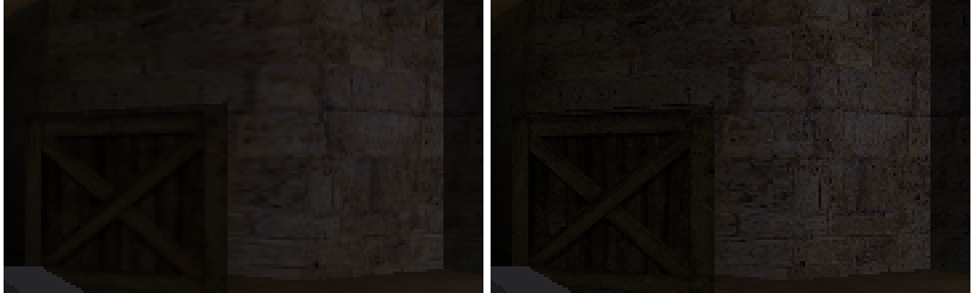 Before/after crop of the same crate on PSP: left, the coarse bake — muddy planks and smeared bricks; right, the refined bake — distinct planks, the X-brace reads clearly, brick courses resolve