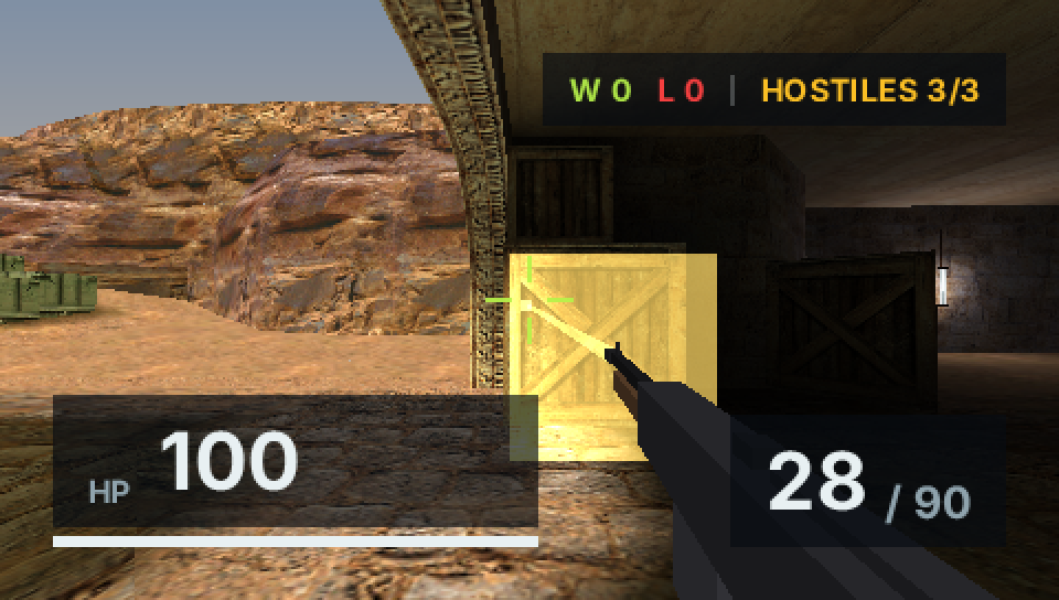 OpenStrike, a muzzle flash over a crate with a Solid JSX HUD