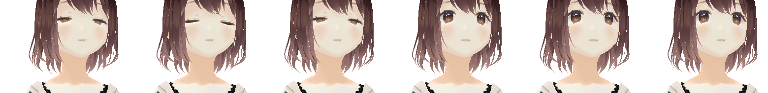 Six consecutive engine-rendered face crops of the character mid-blink: eyes half closed, fully closed, then reopening