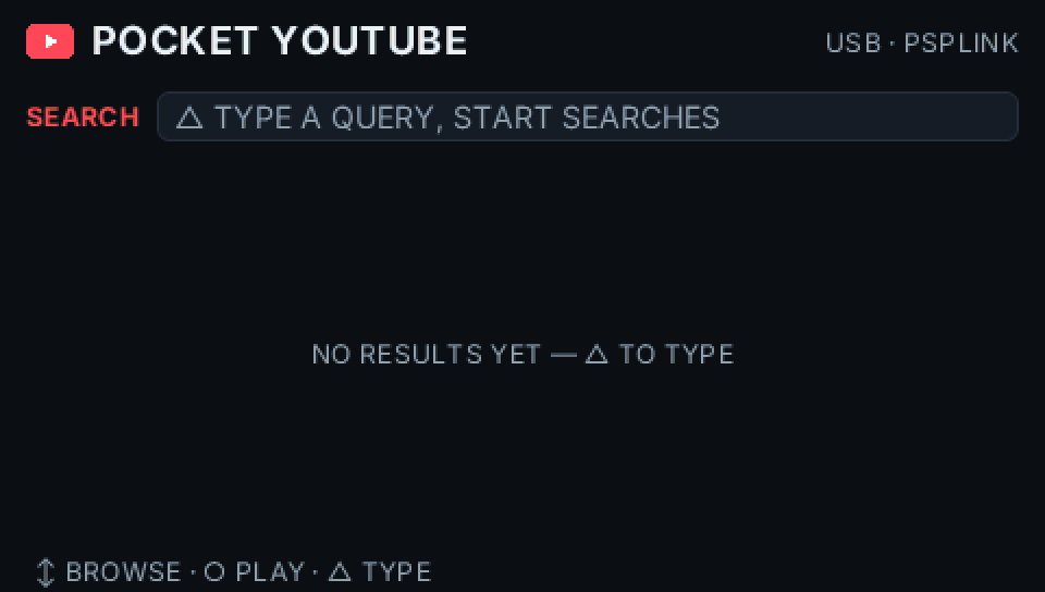 Pocket YouTube on a real PSP: the search keyboard opens, types psp, results arrive as full-width rows with thumbnails, durations and view counts, a row is selected, and a video plays full screen, pauses under a centered badge, and resumes
