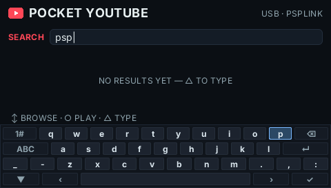 The system keyboard open on the PSP with psp typed into the search field and the caret visible, focus on the p key