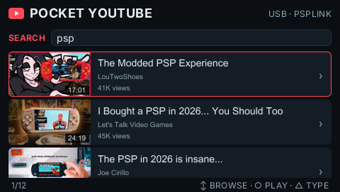 Pocket YouTube search results on a PSP