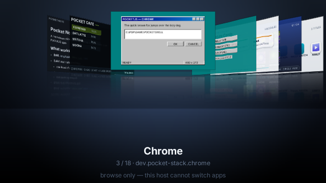 The PocketJS Cover Flow launcher at 640 by 360 on the E7: a perspective carousel of app covers receding to both sides with mirrored reflections below, the centred card showing a retro Chrome-style window, and the caption 'Chrome — 3 / 18 — dev.pocket-stack.chrome'