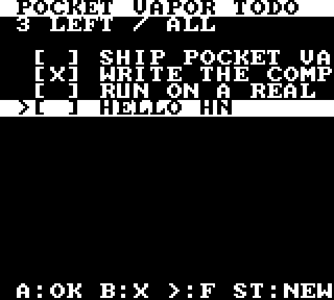 Game Boy: the todo list shows HELLO HN as the selected fourth item, 3 LEFT