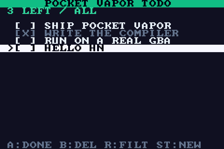 GBA: the todo list now shows a fourth item, HELLO HN, with the cursor on it and the counter reading 3 LEFT