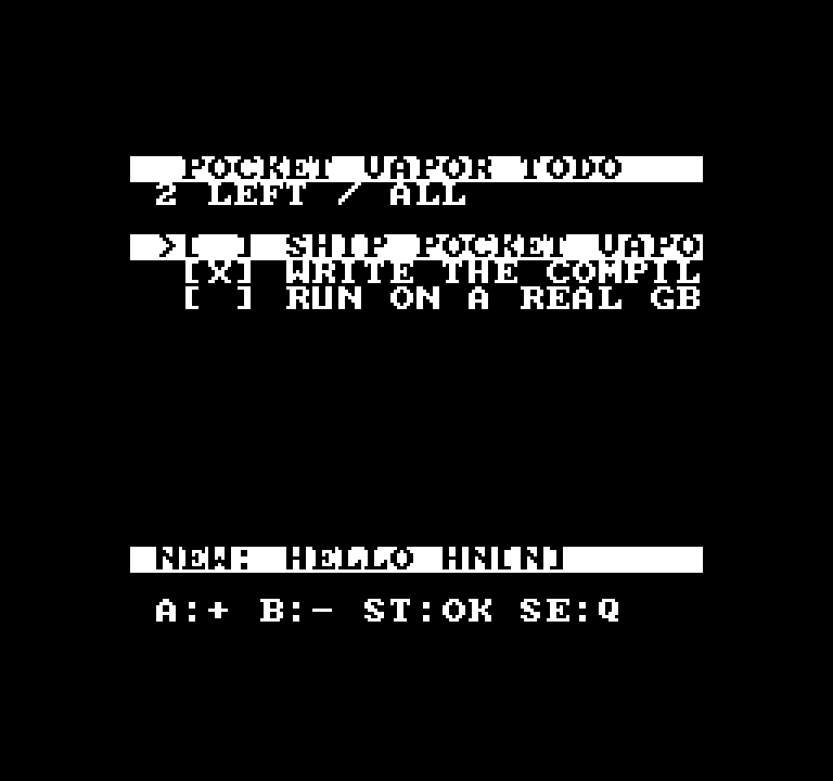 NES: todo list rendered in a nametable with inverse editor bar reading NEW: HELLO HN